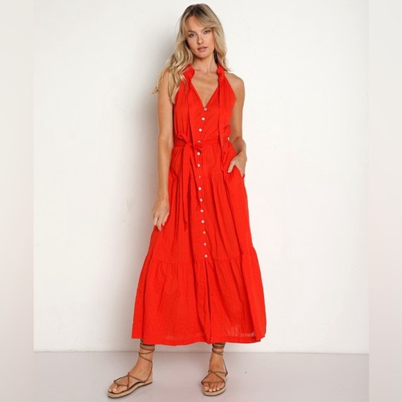 NWT CLEOBELLA Simone Ankle Dress certified ORGANIC Donny red orange layered ties - Picture 1 of 14